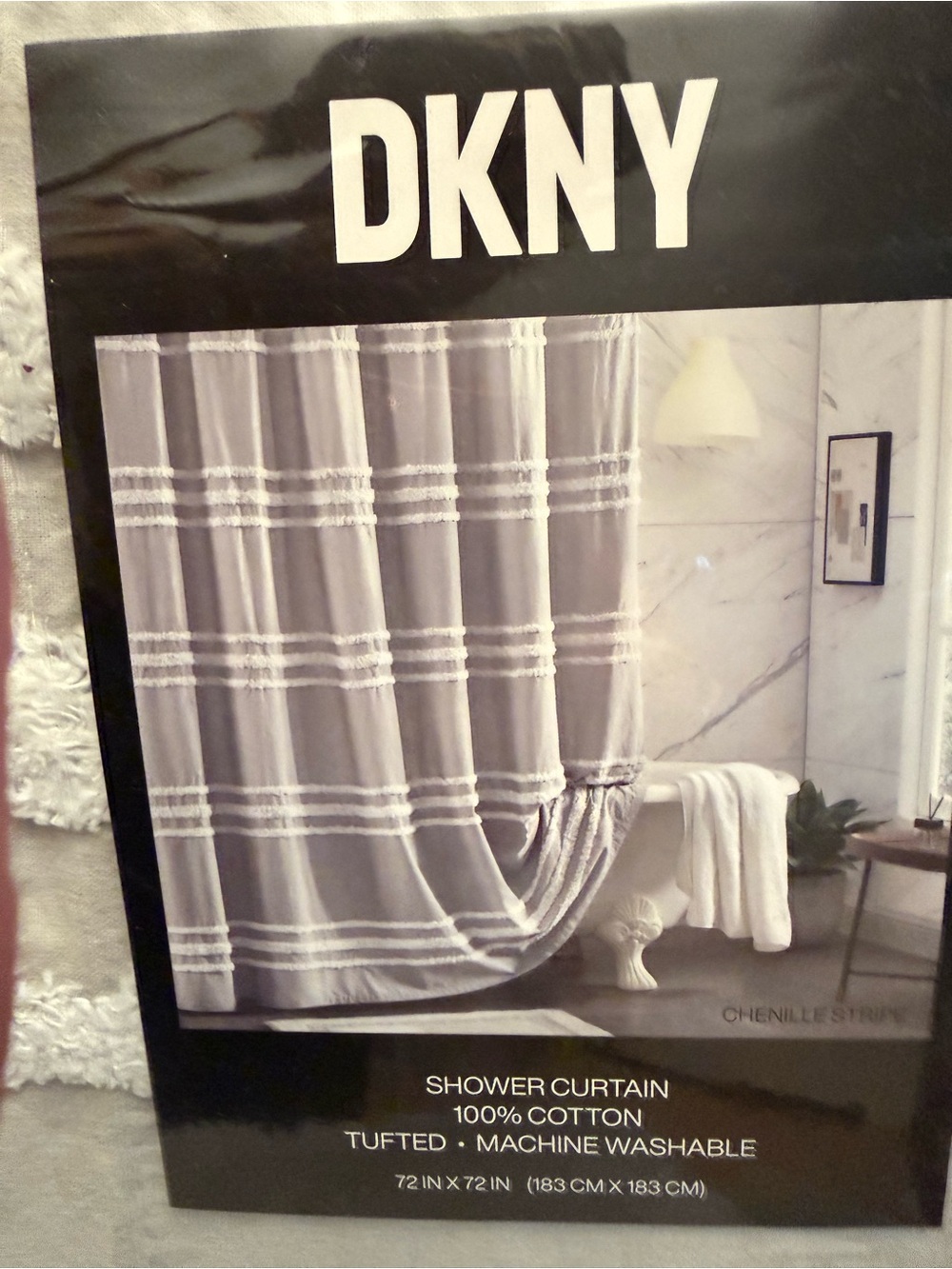 DKNY Gray & White Stripe Cotton Shower Curtain. Brand New in original packaging